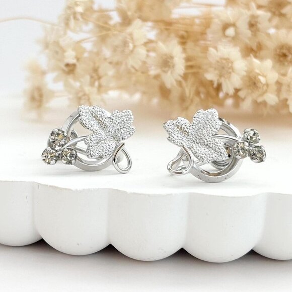 Maple Leaf Screw Back Sterling Silver Rhinestone Vintage Foliage Stud Earrings - Picture 1 of 9